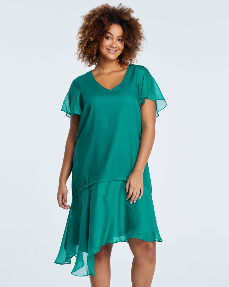 Front of a model wearing a size 3X Shadow Dress in Green by Estelle. | dia_product_style_image_id:264767